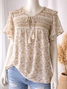 Lucky Brand Boho Floral Peasant Blouse XL